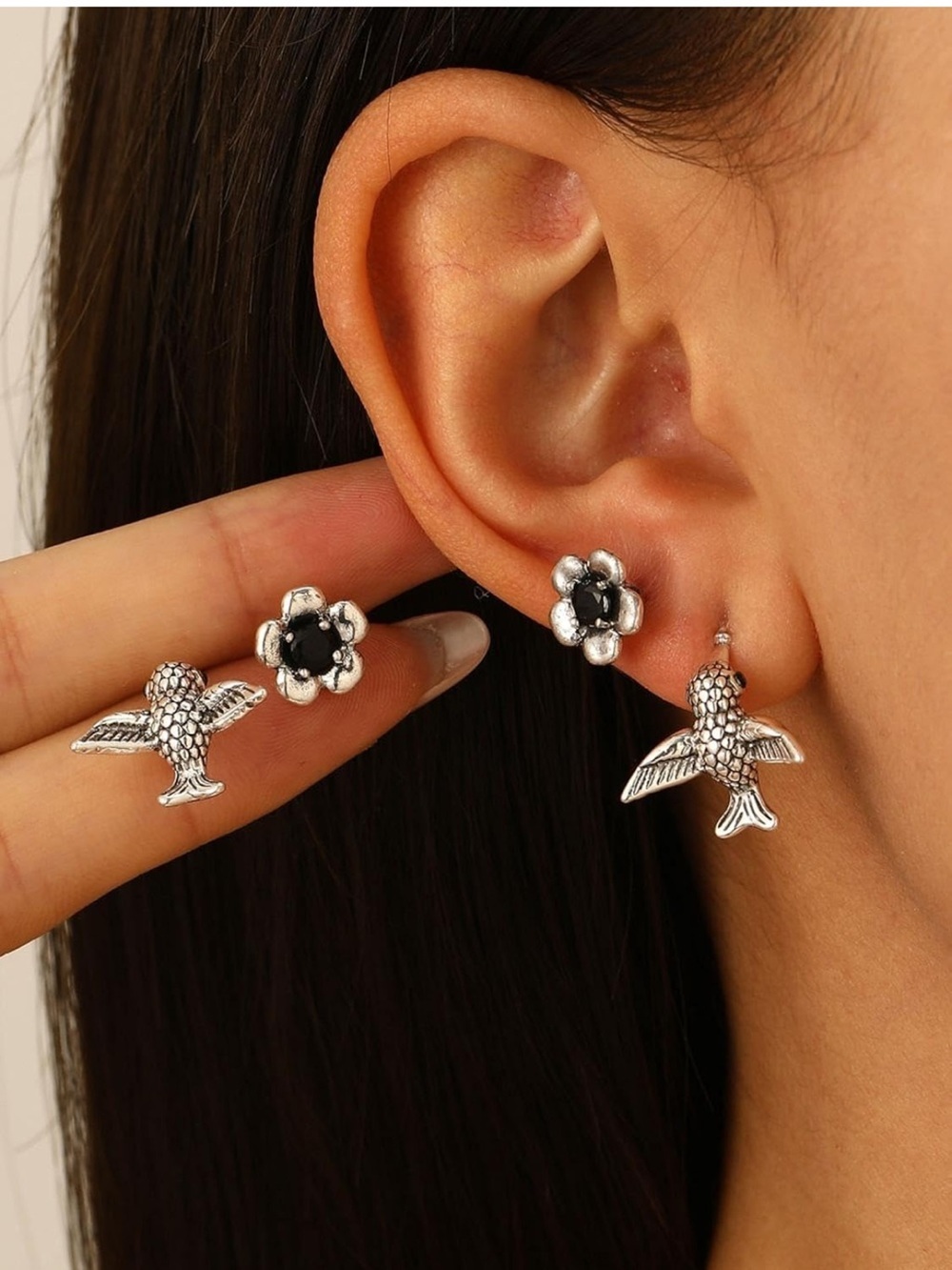 Midnight Bloom & Sparrow Earrings | Black Onyx Flower Bird Stud Earrings